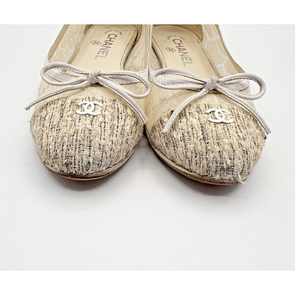 Chanel Ballet Flats White & Cream Tweed & Lace CC Logo Sz EU 35.5 5.5 - Picture 5 of 13